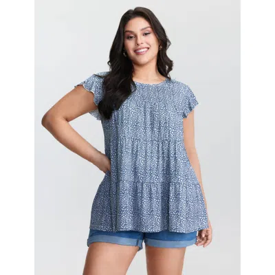 Bloomchic Women's Plus Size Leopard Print Tiered Flutter Sleeve Knit Top Cerulean Cap Sleeve Casual 10/m In Blue