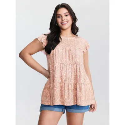 Bloomchic Women's Plus Size Leopard Print Tiered Flutter Sleeve Knit Top Lightpink Cap Sleeve Casual 10/m