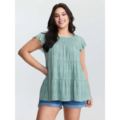 Bloomchic Women's Plus Size Leopard Print Tiered Flutter Sleeve Knit Top Mint Cap Sleeve Casual 10/m In Green
