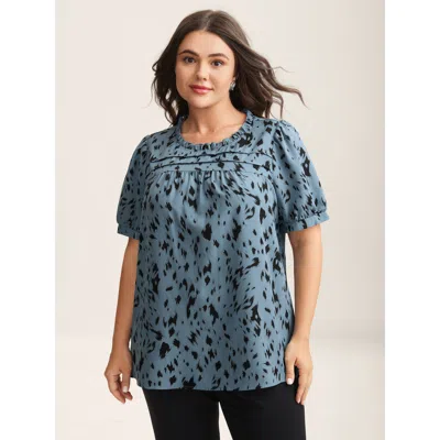 Bloomchic Women's Plus Size Leopard Print Toothpick Pleat Blouse Stone Leopard Office Short Sleeve Round Neck  In Gray