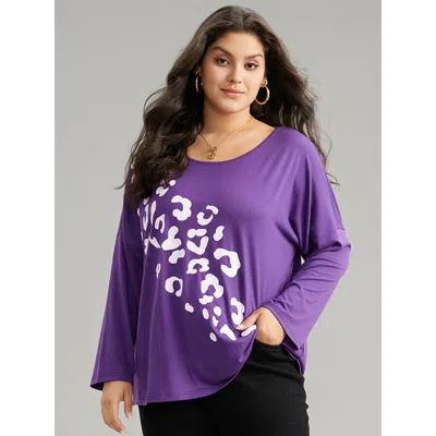 Bloomchic Women's Plus Size Leopard Print Two Tone T-shirt Blueviolet Dailywear Long Sleeve 12/l