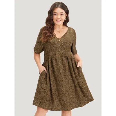 Bloomchic Women's Plus Size Leopard Print V Neck Button Detail Dolman Sleeve Dress Bronze Dailywear Button 26/ In Brown