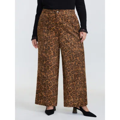 Bloomchic Women's Plus Size Leopard Print Wide-leg Pants Leopard Animal Motif Wide Leg Mid Rise Elegant 10/m In Brown
