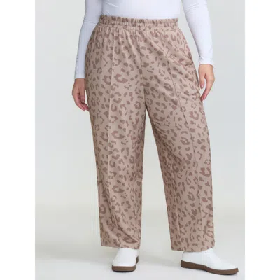Bloomchic Women's Plus Size Leopard Seamed Shirred Waistband Pants Tan Animal Motif Straight Fit Mid Rise Casu In Brown