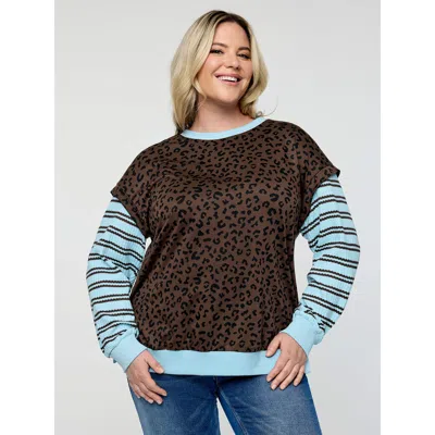 Bloomchic Women's Plus Size Leopard Stripe Print Textured Sweatshirt Multicolor Casual 10/m