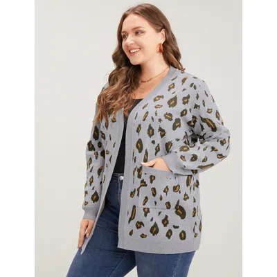 Bloomchic Women's Plus Size Leopard Super Soft Knit Pocket Jacquard Open Front Cardigan Darkgray Long Sleeve 1 In Gray