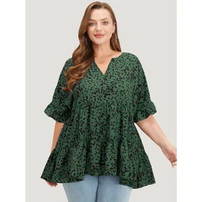 Bloomchic Women's Plus Size Leopard Tiered Hem Notched Ruffle Sleeve Blouse Emerald Dailywear Half Sleeve 10/m In Green
