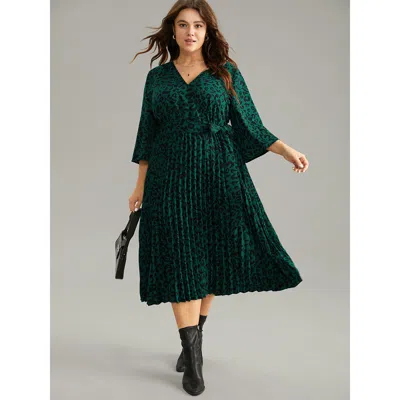 Bloomchic Women's Plus Size Leopard Wrap Elastic Waist Pleated Belted Dress Cyan Office Wrap / Overlap 14-16/1 In Blue