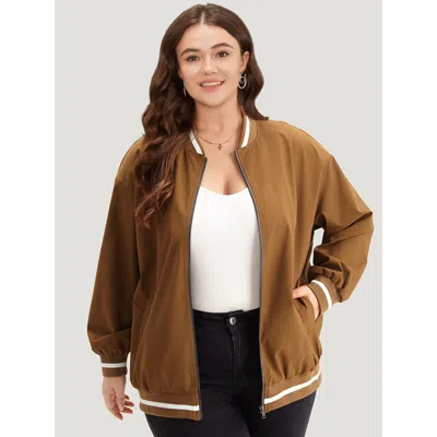 Bloomchic Women's Plus Size Letter Embroidered Pocket Baseball Collar Jacket Darkbrown Rib Knit 10/m In Brown