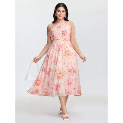 Bloomchic Women's Plus Size Letter Flower Print Shirred One-shoulder Midi Dress Nudepink Floral Midi Elegant T