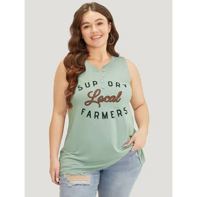 Bloomchic Women's Plus Size Letter Print Button Up Graphic Sleeveless Tank Top Mint Dailywear 10/m In Green