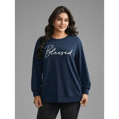 Bloomchic Women's Plus Size Letter Print Crew Neck Sweatshirt Midnight Everyday 10/m In Blue