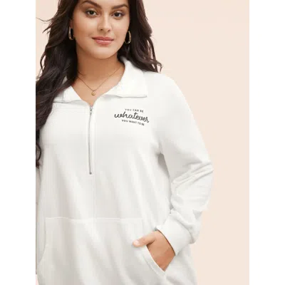 Bloomchic Women's Plus Size Letter Print Half Zip Kangaroo Pocket Sweatshirt Originalwhite Positive Slogan Eve