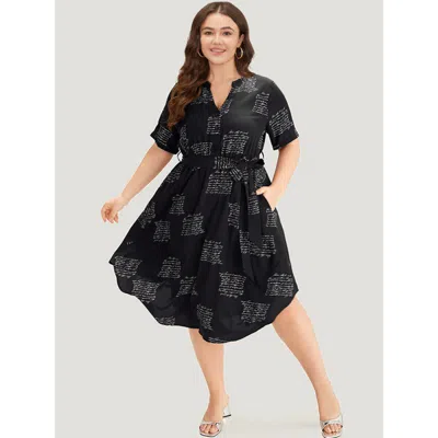 Bloomchic Women's Plus Size Letter Print Notched Belted Arc Hem Dress Black Office Belted 30/6x