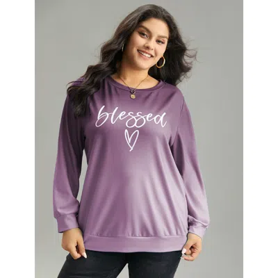 Bloomchic Women's Plus Size Letter Print Ombre Crew Neck Sweatshirt Purple Positive Slogan Dailywear 10/m