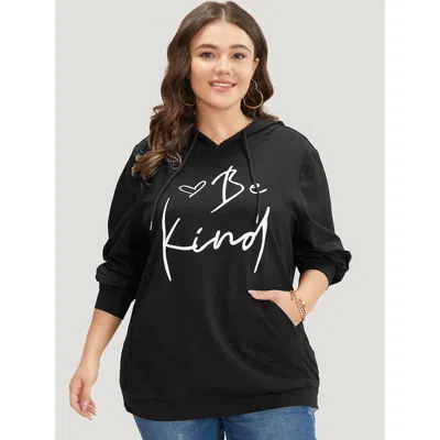 Bloomchic Women's Plus Size Letter Print Pocket Drawstring Hooded Sweatshirt Black Positive Slogan Dailywear 1