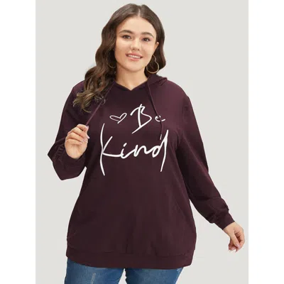 Bloomchic Women's Plus Size Letter Print Pocket Drawstring Hooded Sweatshirt Burgundy Positive Slogan Dailywea
