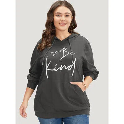 Bloomchic Women's Plus Size Letter Print Pocket Drawstring Hooded Sweatshirt Gray Positive Slogan Dailywear 10