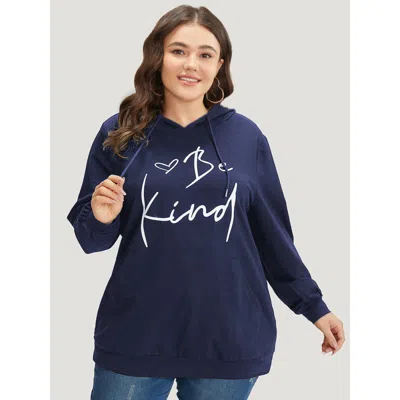 Bloomchic Women's Plus Size Letter Print Pocket Drawstring Hooded Sweatshirt Indigo Positive Slogan Dailywear  In Purple