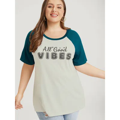 Bloomchic Women's Plus Size Letter Print Rhinestone Raglan Sleeve Two Tone T-shirt Lightgray Office 10/m In Gray