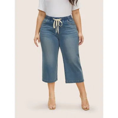 Bloomchic Women's Plus Size Light Wash Drawstring Cropped Wide Leg Jeans Denimblue Drawstring Wide Leg High St In Blue