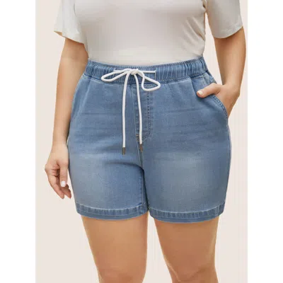 Bloomchic Women's Plus Size Light Wash Elastic Waist Drawstring Denim Shorts Denimlightblue Drawstring Medium 