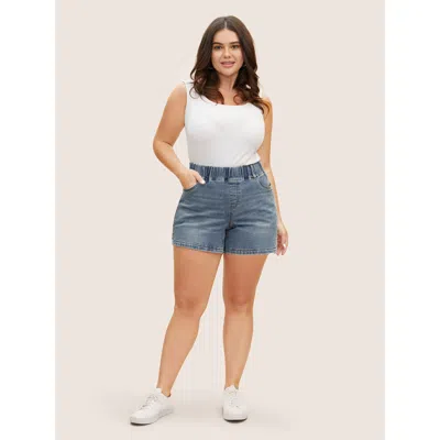 Bloomchic Women's Plus Size Light Wash Slit Hem Elastic Waist Denim Shorts Denimblue Slit High Stretch Everyda In Blue