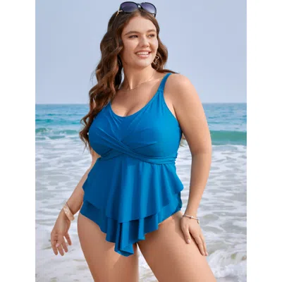 Bloomchic Women's Plus Size Lightly Lined Bow Asymmetrical Ruffle One Piece Swimsuit Blue Solid Adjustable Str