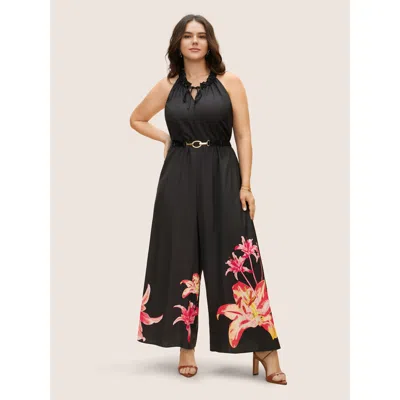 Bloomchic Women's Plus Size Lily Print Frill Trim Tie Knot Jumpsuit Black Everyday 22-24/3x