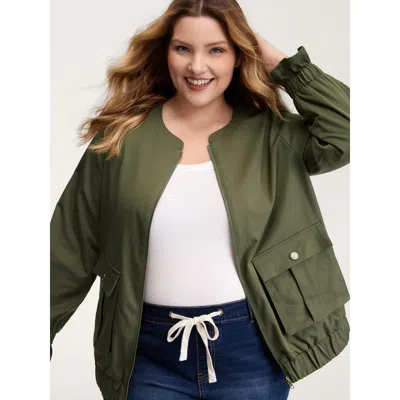 Bloomchic Women's Plus Size Lined Pockets Shirred Cuffs Zipper Jacket Armygreen Non O-line 10/m
