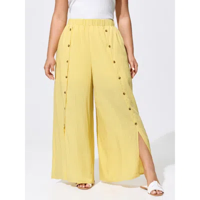 Bloomchic Women's Plus Size Linen Blend Button Detail Hem Split Sheer Pants Lightyellow Solid Wide Leg Mid Ris