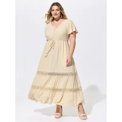 Bloomchic Women's Plus Size Linen Blend Lace Trim Button Detail Plain Maxi Dress Beige Solid Maxi Vacation 10/ In Sand