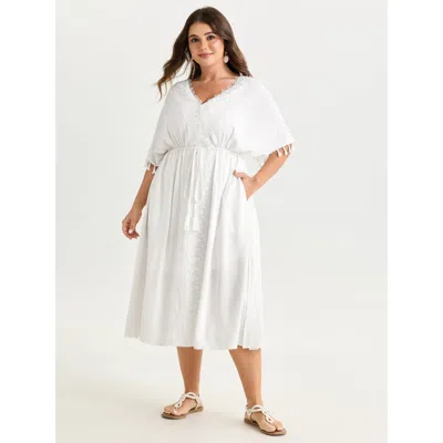 Bloomchic Women's Plus Size Linen Blend Lace Trim Tassel Detail Midi Dress Whitesmoke Solid Tunic Vacation Lac