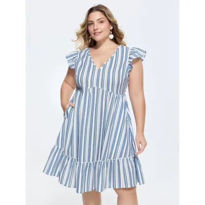 Bloomchic Women's Plus Size Linen Blend Nautical Striped Print Ruffled Mini Dress Skyblue Stripes Maxi Vacatio In Blue