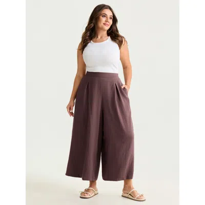 Bloomchic Women's Plus Size Linen Blend Pleated Relaxed-fit Pants Browncoffeecolor Solid Wide Leg Mid Rise Cas