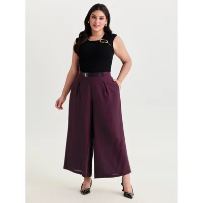 Bloomchic Women's Plus Size Linen Blend Pleated Wide-leg Pants Eggplant Solid Wide Leg Mid Rise Office 10/m In Purple