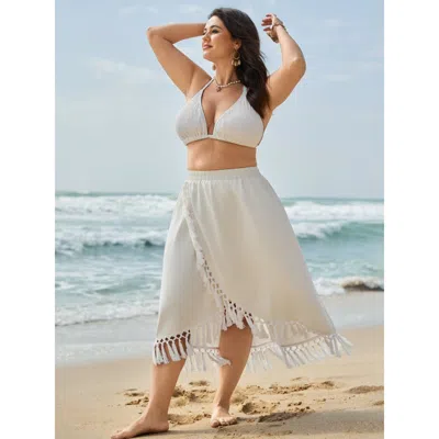 Bloomchic Women's Plus Size Linen Wrap Fringe Hem Maxi Skirt Originalwhite Overlapping A-line Vacation 14-16/1