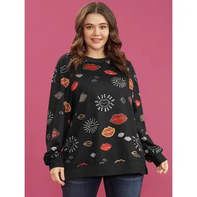 Bloomchic Women's Plus Size Lip Print Split Hem Drop Shoulder Sweatshirt Black Lip Print Dailywear 10/m