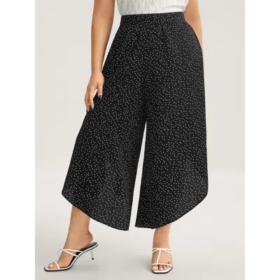 Bloomchic Women's Plus Size Little Dots Asymmetrical Hem Slit Pants Black Polka Dots Wide Leg Mid Rise Elegant