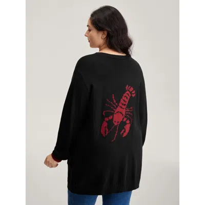 Bloomchic Women's Plus Size Lobster Jacquard Pockets Color Block Knit Cardigan Black Long Sleeve 22-24/3x