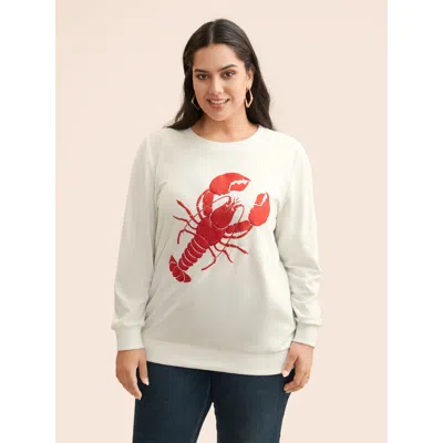 Bloomchic Women's Plus Size Lobster Pattern Round Neck Sweatshirt Originalwhite Animals Everyday 12/l