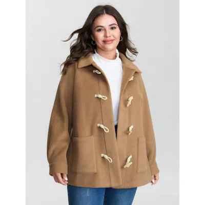 Bloomchic Women's Plus Size Loop Buttons Pockets Relaxed-fit Coat Browncoffeecolor Button Front Straight Fit 1