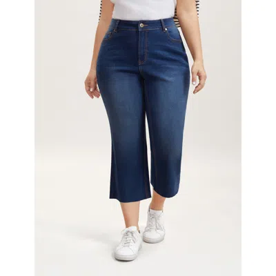 Bloomchic Women's Plus Size Loose Frayed Hem Crop Jeans Denimindigo Button Flared Medium Stretch 10/m