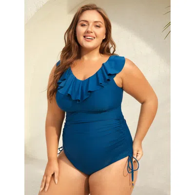 Bloomchic Women's Plus Size Lotus Leaf Edge Drawstring One-piece Swimsuit Aegean Non Drawstring Adaptive-fit 2 In Blue