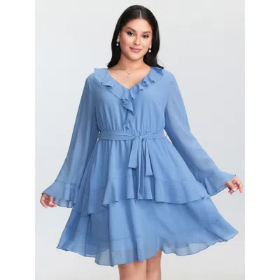 Bloomchic Women's Plus Size Lotus Leaf Neckline Layered Mini Dress Lightblue Non Short Elegant See Through 22- In Blue