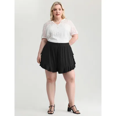 Bloomchic Women's Plus Size Lotus Leaf Wide-leg Shorts Black Elegant Wide Leg Shorts 10/m