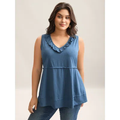 Bloomchic Women's Plus Size Lotus Neckline Bamboo Tank Top Mediumblue Vacation Relaxed Fit Fit & Flare V-neck 