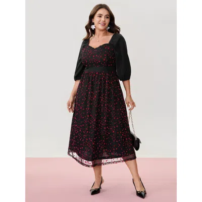 Bloomchic Women's Plus Size Love Flocked Mesh Shirred Waist Midi Dress Black Solid Midi Elegant Mesh Panel 14-