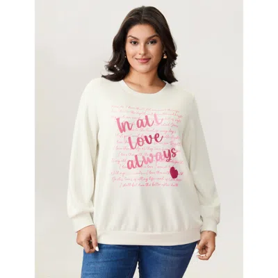 Bloomchic Women's Plus Size Love Letter Pattern Sweatshirt Whitesmoke Not Graphics Casual Round Neck 10/m
