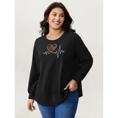 Bloomchic Women's Plus Size Love Notes Embroidery Cut-out Sweatshirt Black Abstract Graphic Casual Round Neck 